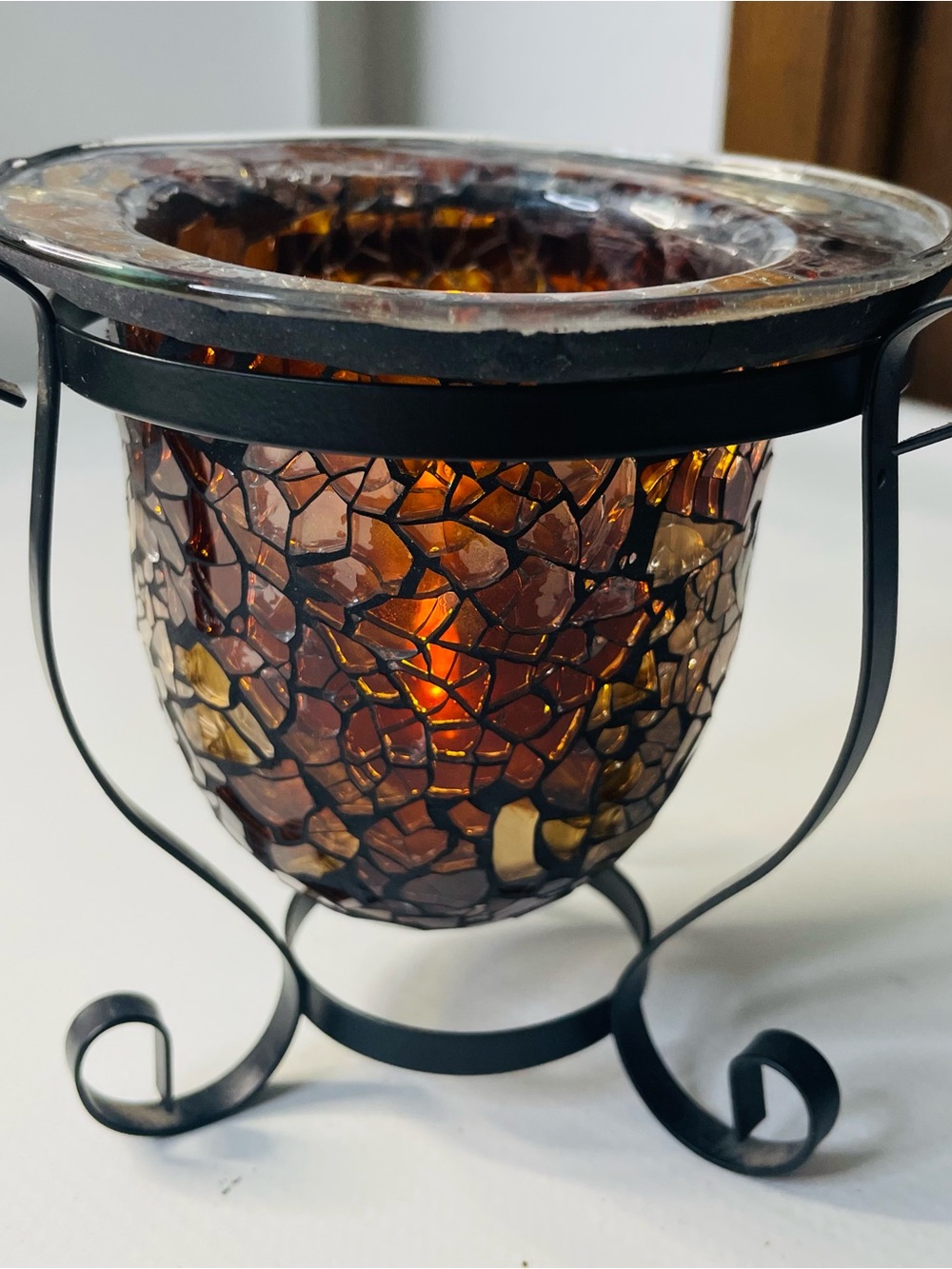 PartyLite Amber and Gold Mosaic Glass Votive with Metal Stand